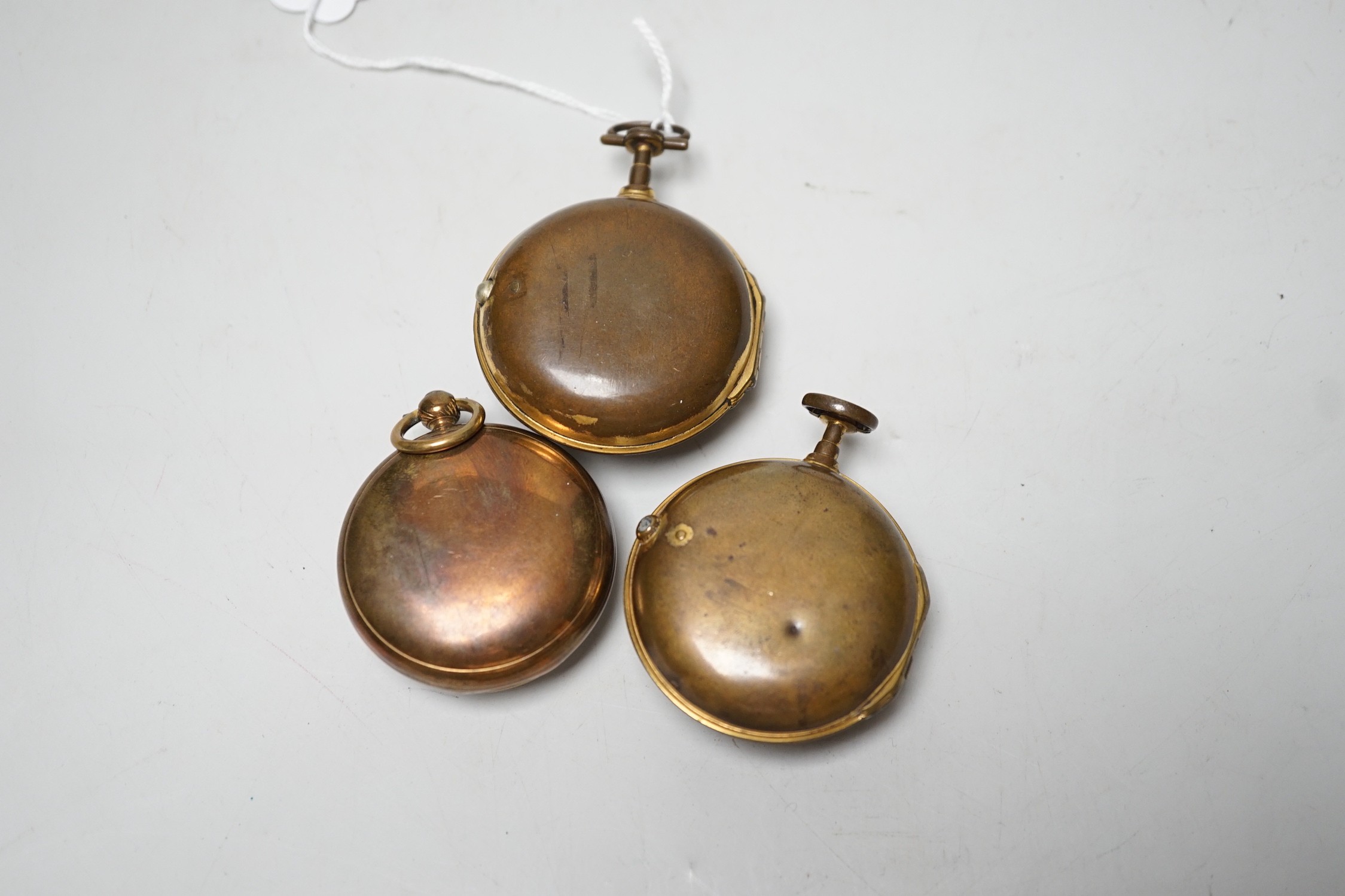 Two 18th century gilt metal pair cased keywind verge pocket watches, by J. Marriott, London and J. Watson, London, together with a 19th century gilt metal open faced verge pocket watch by T. Rowell, Brighton.